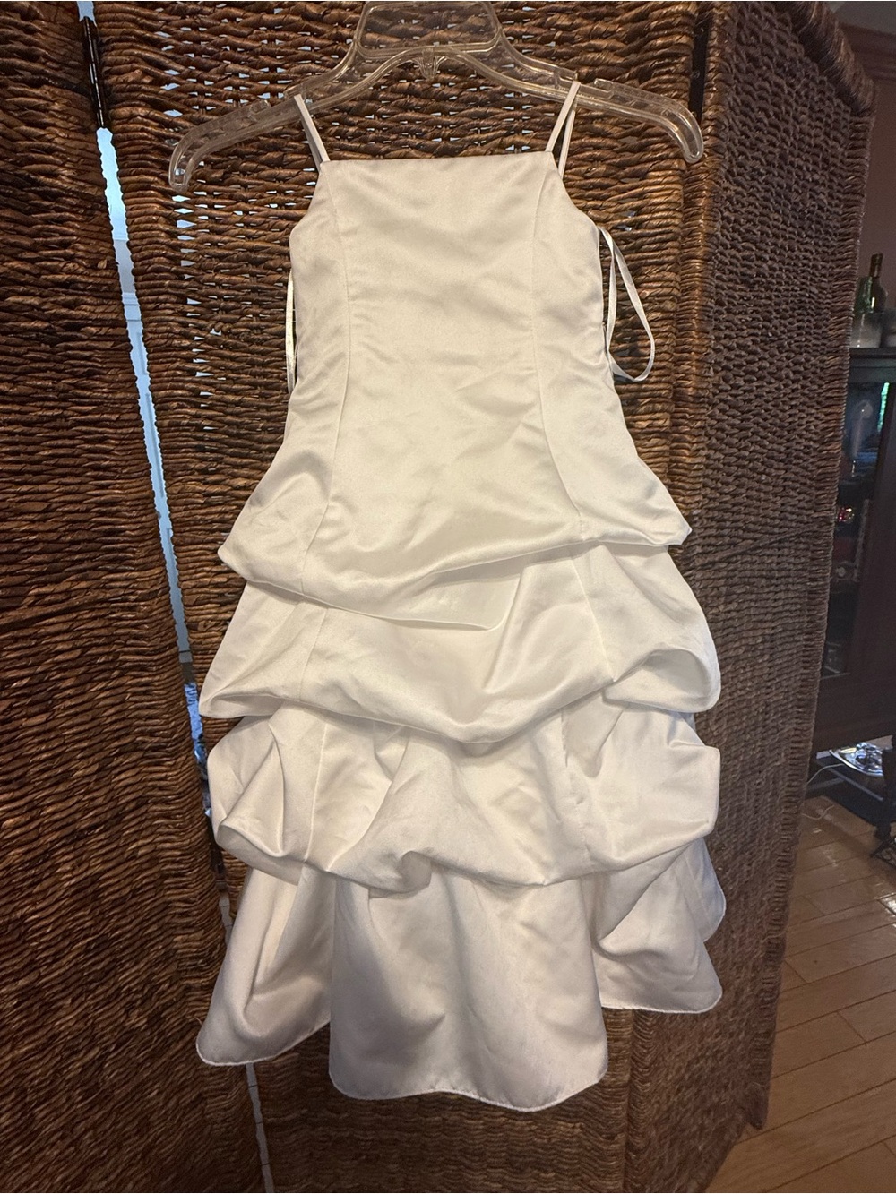 David's Bridal White Satin-Look Dress with Tiered Details